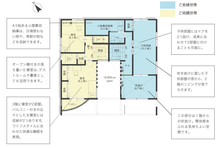 テラジマアーキテクツ 公式サイト　建築実例「中庭を介してつながる　左右分離型二世帯住宅」3階の間取り